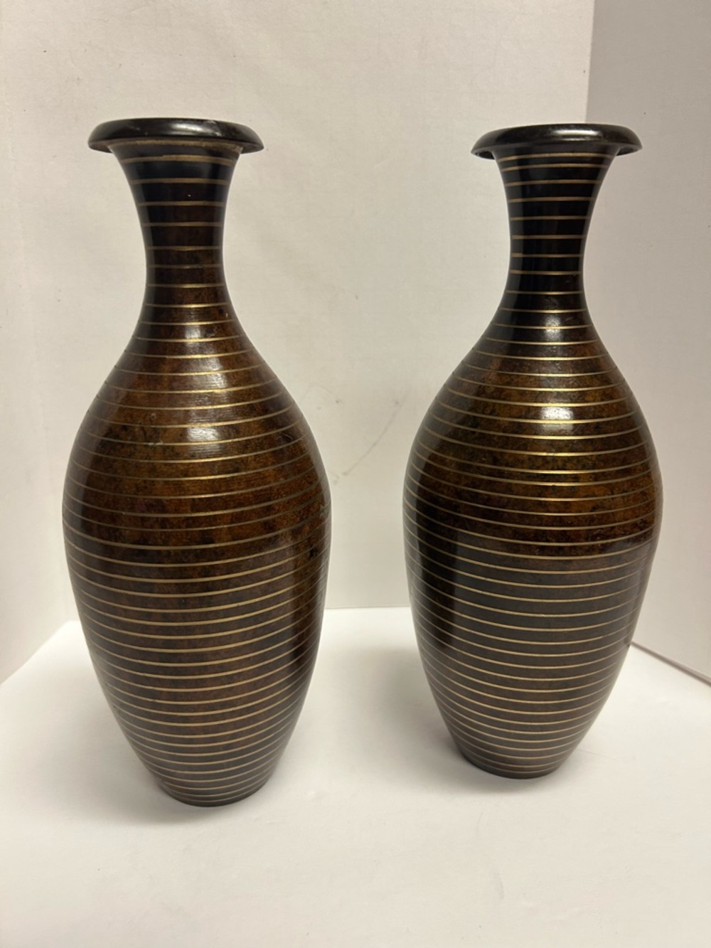 Antique Metal Etched Brass Vases Striped, Boho Metal Vases